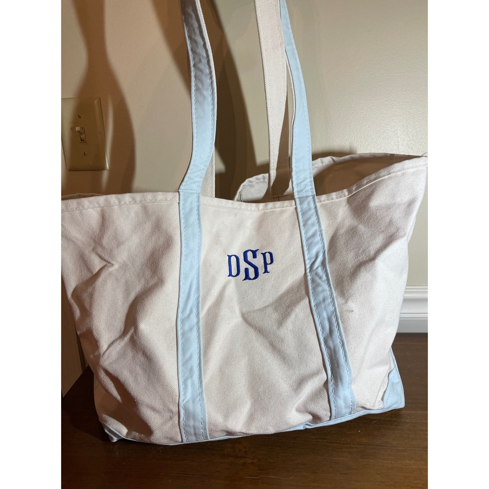 LL Bean Boat and Tote Canvas Bag Light Blue Monogram DSP Made in USA Cream Large